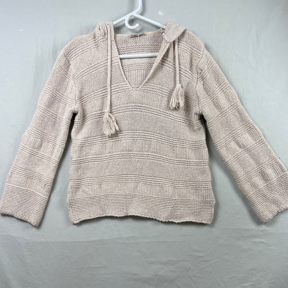 Faherty Knit Hoodie Women Medium Cream Textured Tassel V-Neck Sweater